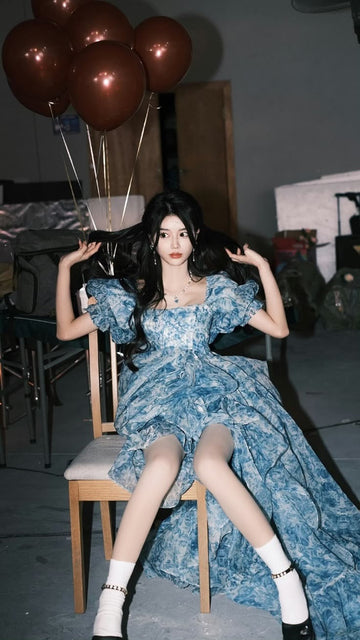 Romantic A Line Puff Sleeve Print Flower Blue Chiffon Party Dress Evening Dress with Slit HZ1023